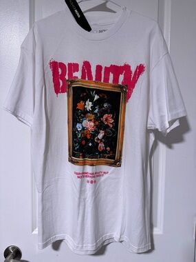 Fashion Nova White Graphic 'Beauty' Short Sleeve Tee with Floral Print